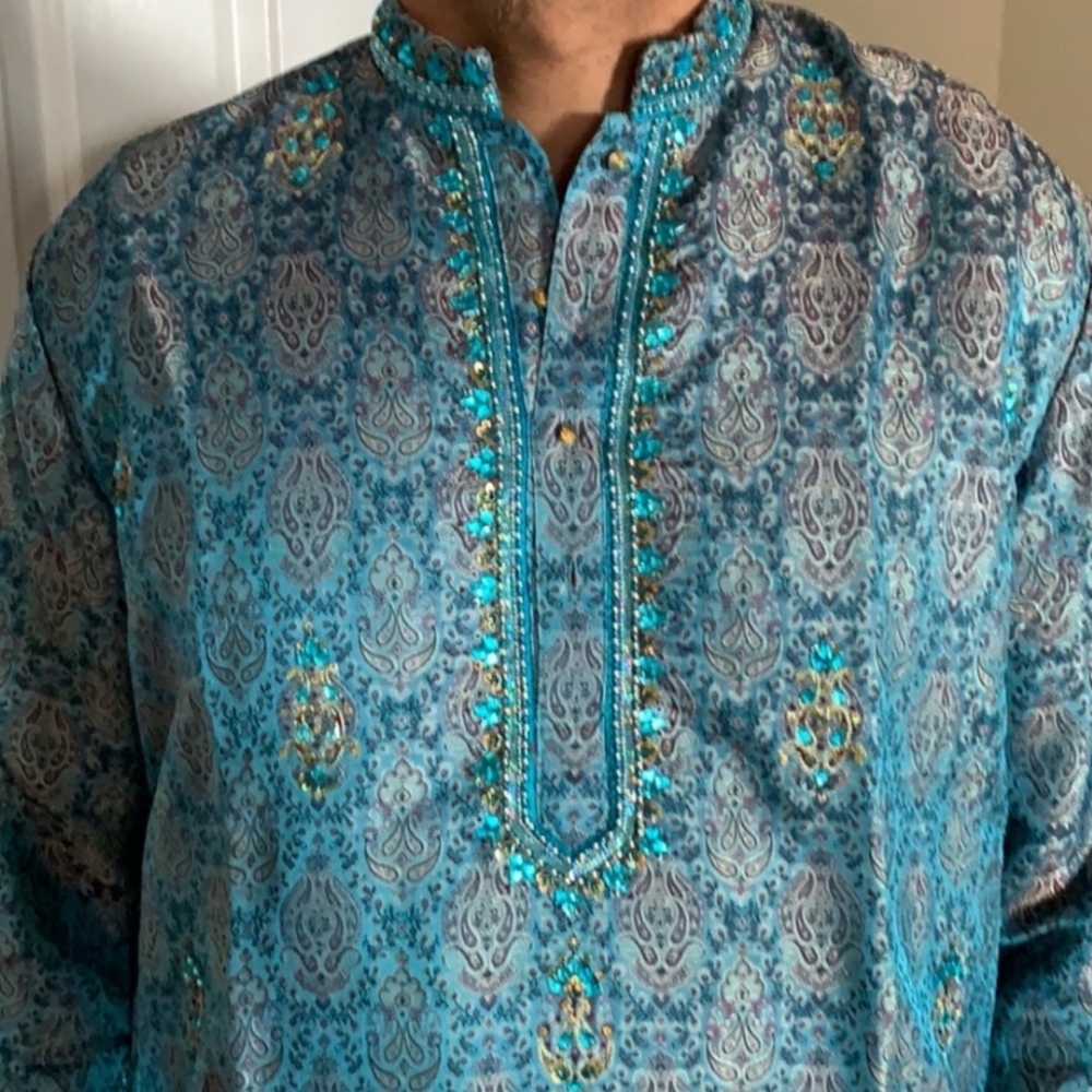 Blue men’s fancy kurta with bead work size 42